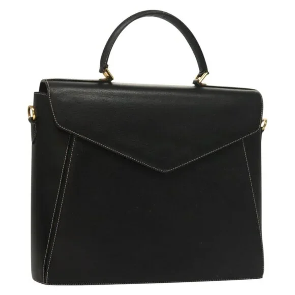 Salvatore Ferragamo Hand Bag Leather Black Gold Auth